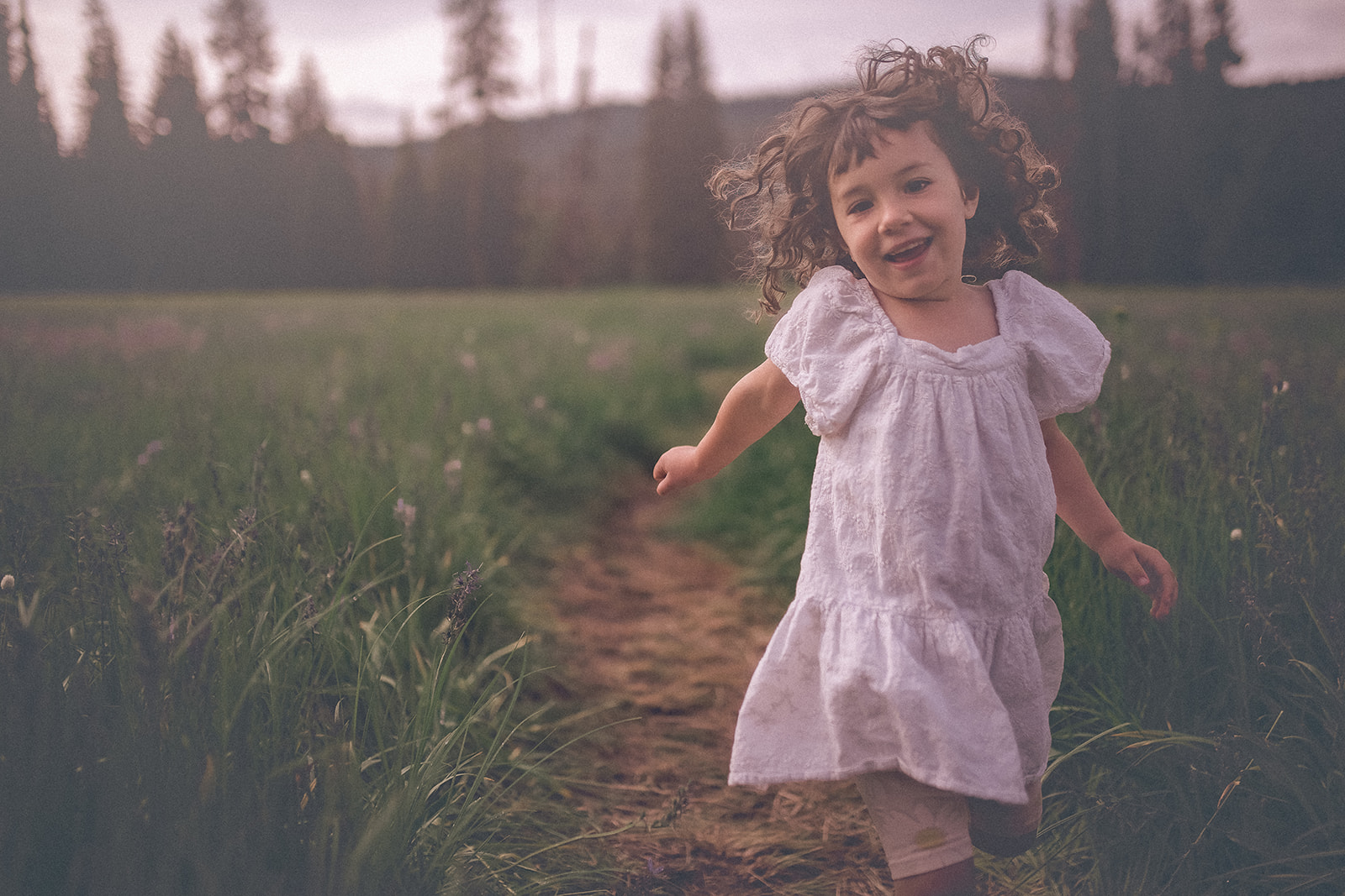 A giggling toddler girl in a white dress runs in a pasture trail at sunset