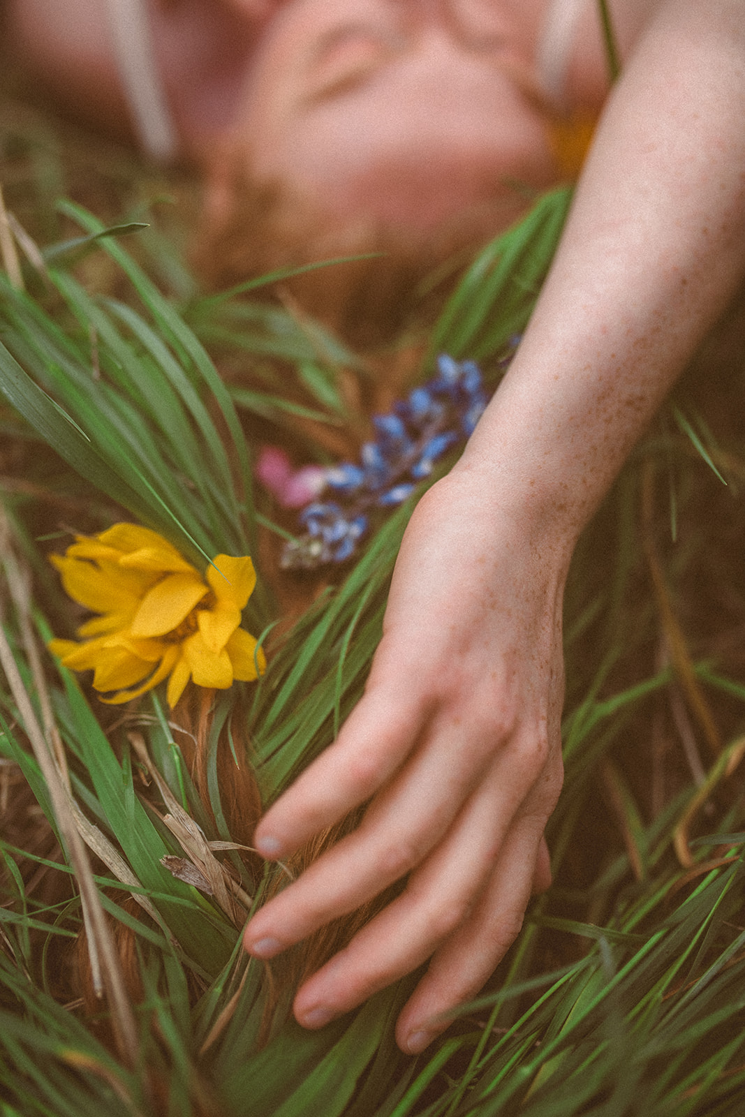 Details of a woman's hand reaching for wildflowers in the grass as she lays in it after finding placenta encapsulation in Hamilton, MT