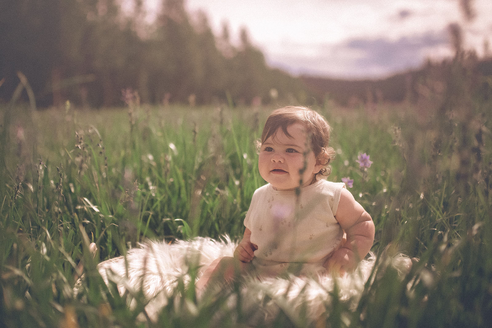An infant girl in a white dress sits on a fur blanket in a field of wildflowers smiling after mom had a prenatal massage in Hamilton, MT