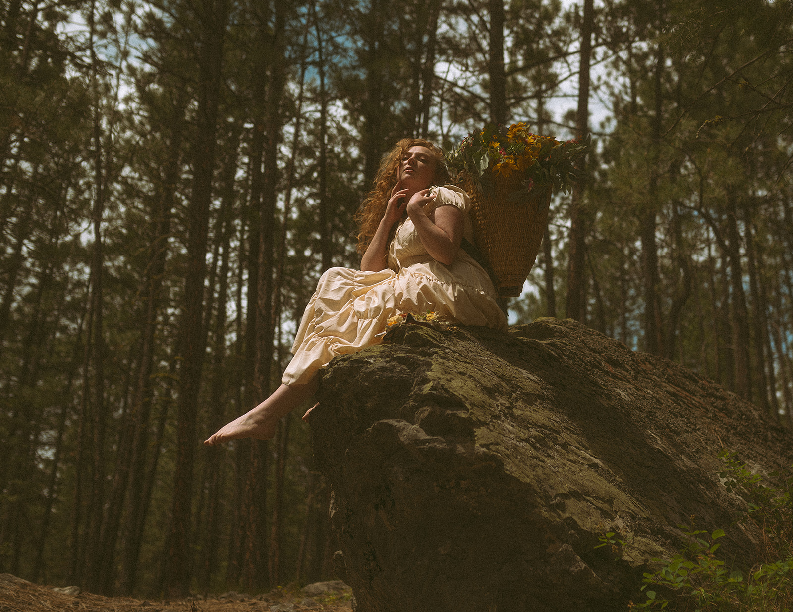 A woman with red hair and a wwhite dress sits on a boulder in a pine forest with a woven basket filled with yellow flowers on her back during some fall activities in Hamilton, MT