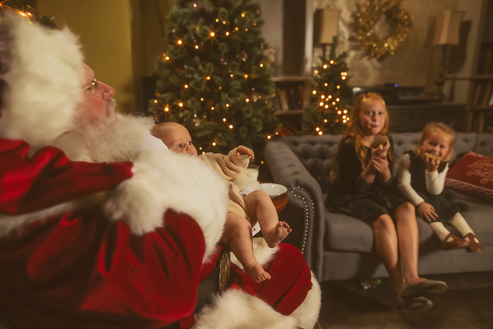 toddler girls eat cookies on a couch while santa holds their baby sibling in front of trees with Christmas Lights in Missoula